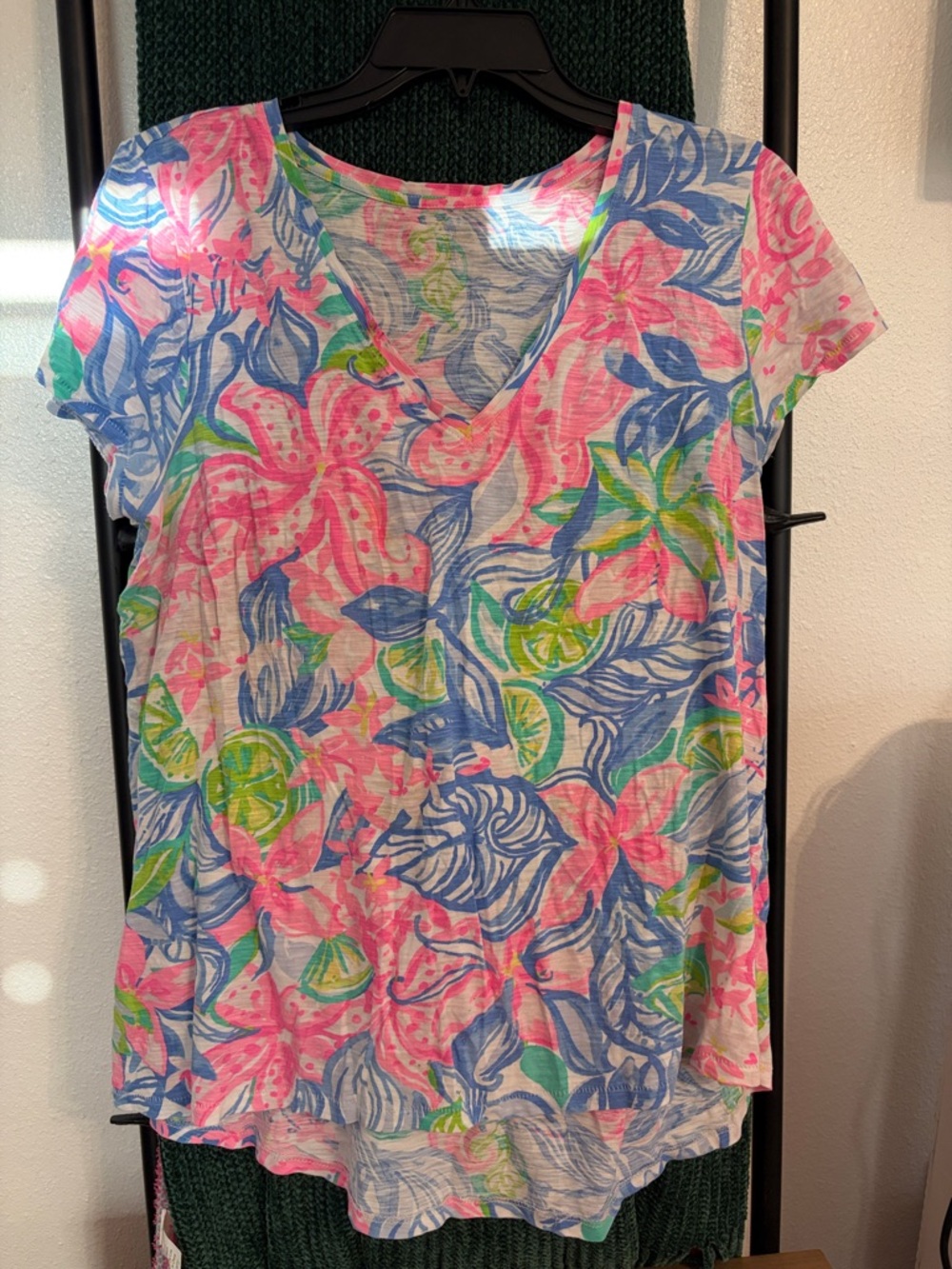 Lilly Pulitzer Pink, Blue & Green Floral V-Neck Short Sleeve Top